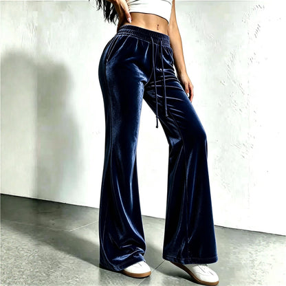 Women's Velvet High Waist Flare Pants Drawstring Casual