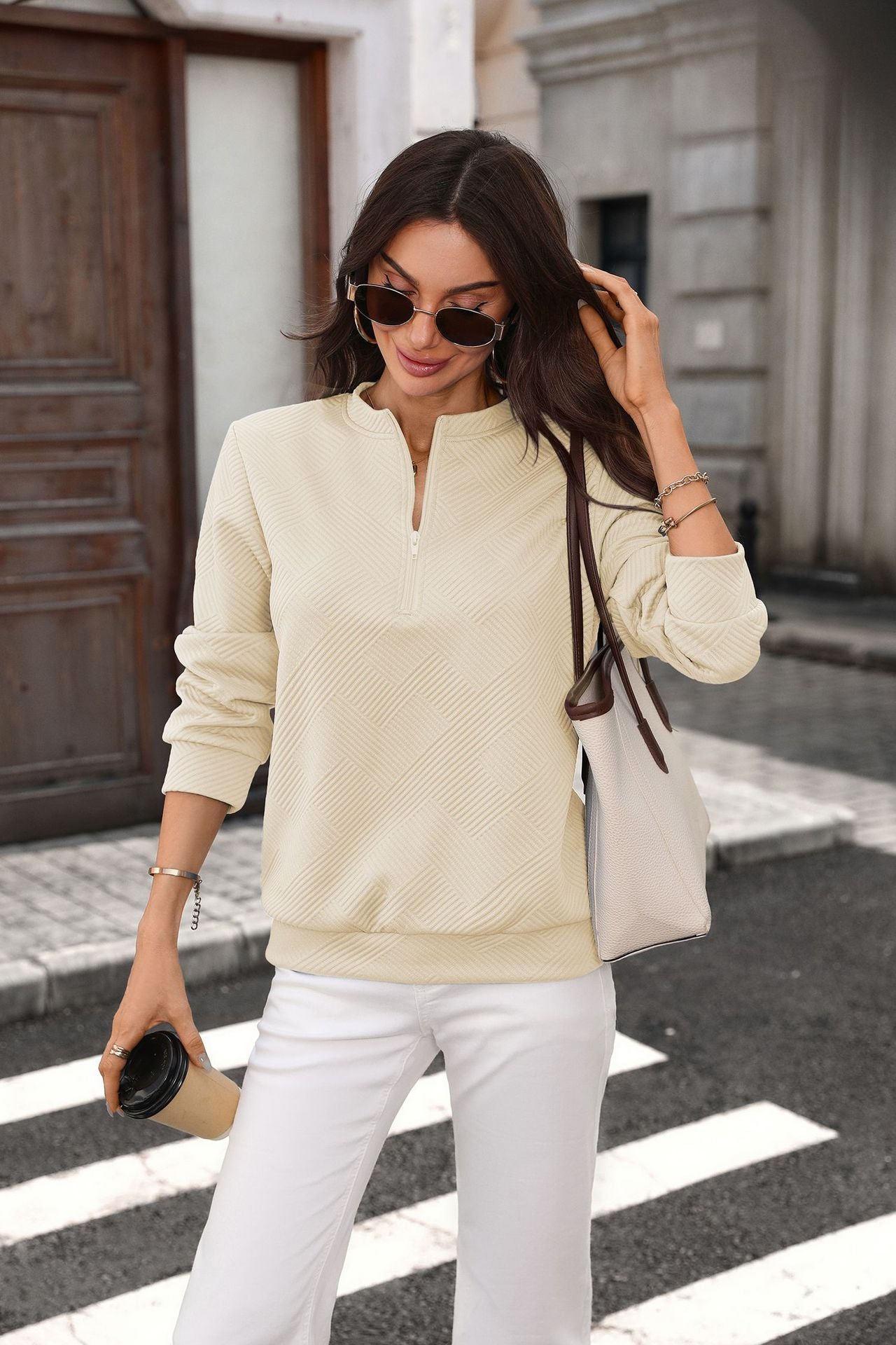 Quilted Half Zip Sweatshirt Loose Textured Pullover