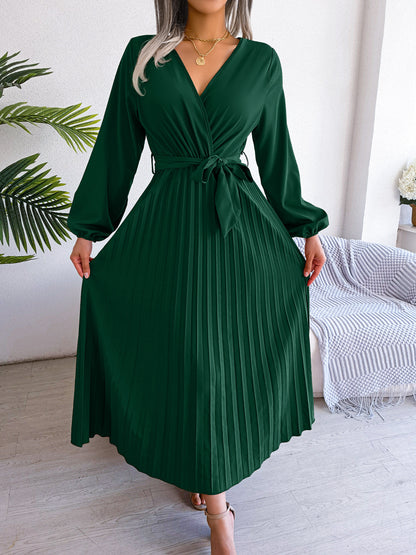V-Neck Wrap Pleated Maxi Dress Long Sleeve Tie Waist