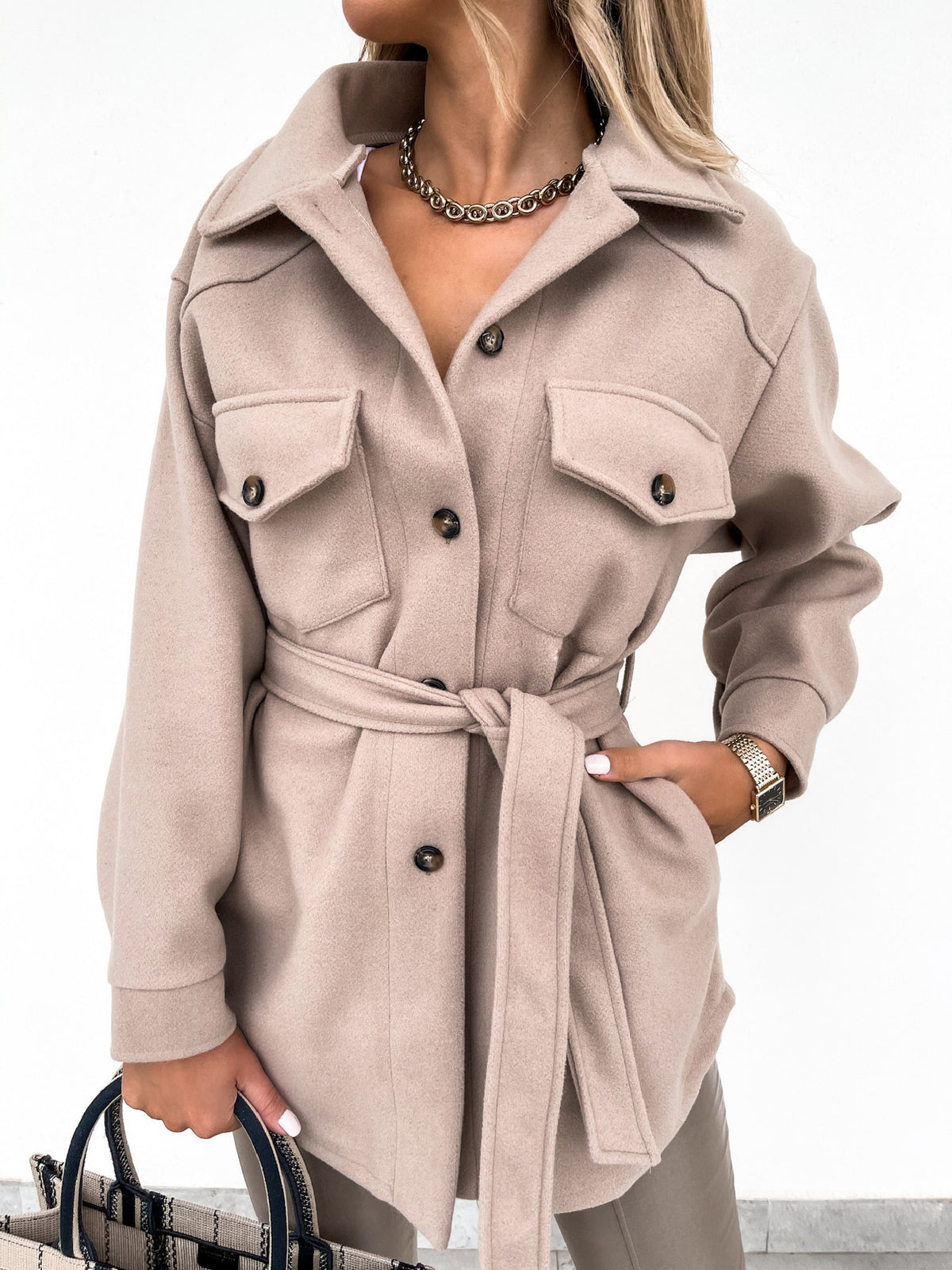 Womens Belted Wool Blend Shacket Jacket