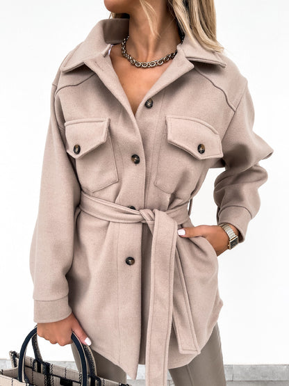 Womens Belted Wool Blend Shacket Jacket