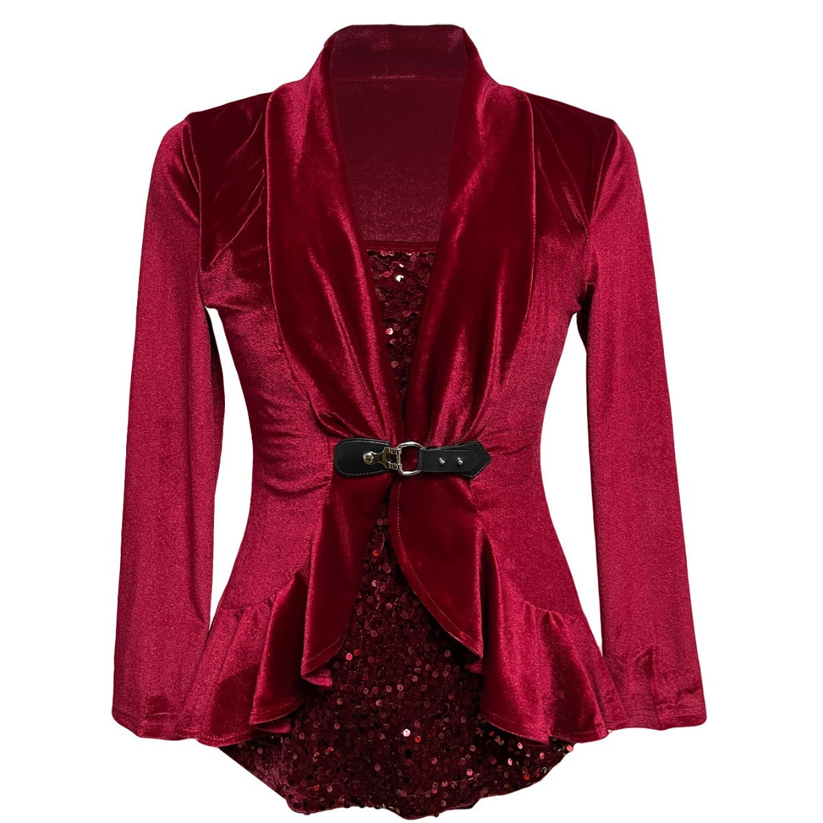 Women's Long Sleeve Velvet Sequin Belted Peplum Top