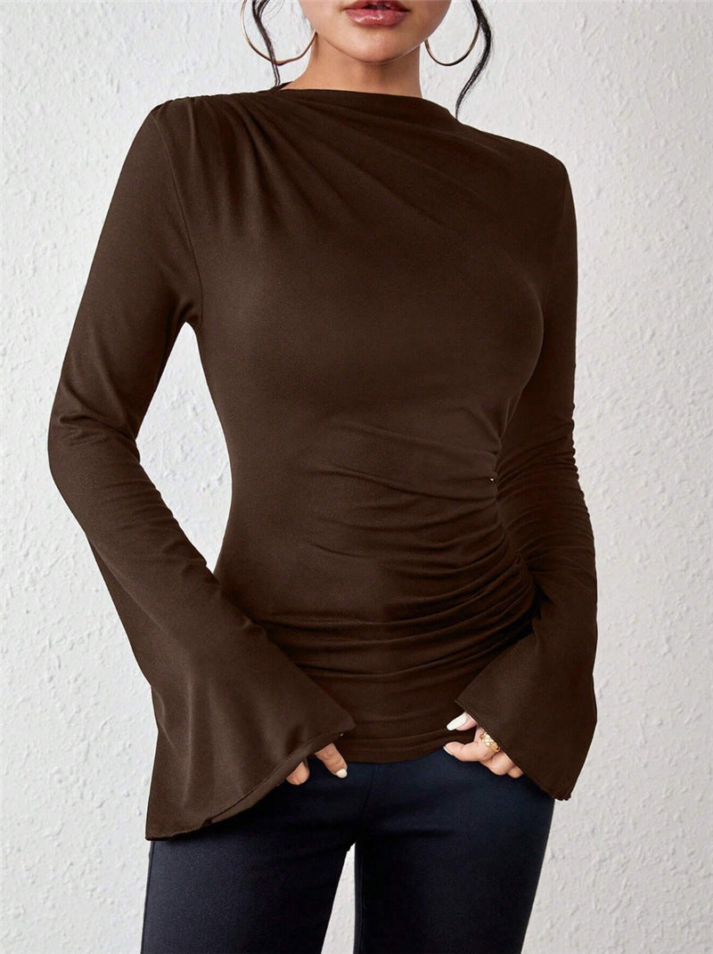Women's Mock Neck Bell Sleeve Ruched Fitted Top