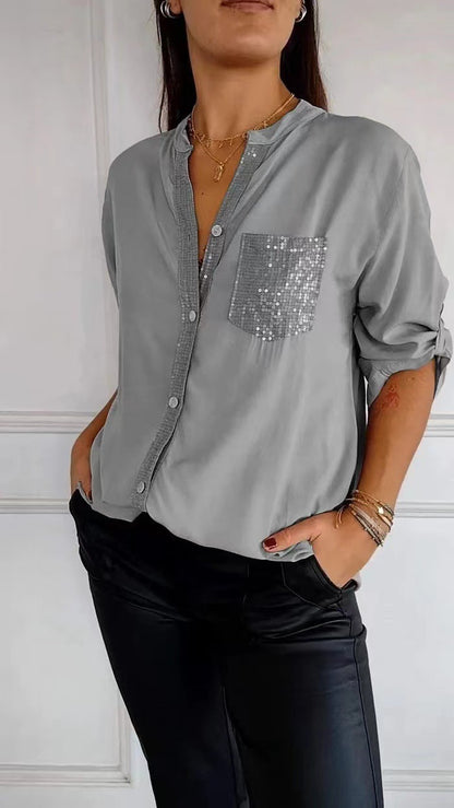 Women's Rhinestone 3/4 Sleeve Casual Button Down Blouse