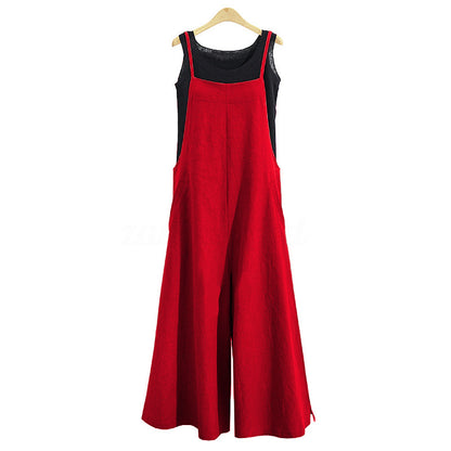 Women's Linen Cotton Wide Leg Jumpsuit Sleeveless Casual