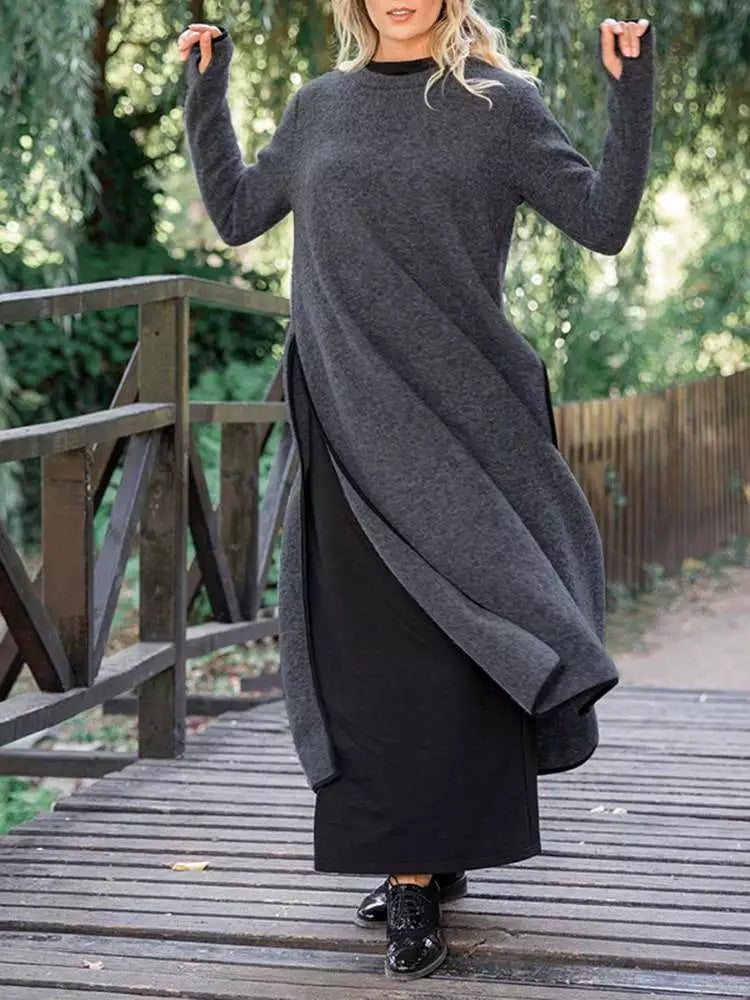 Women's Oversized Fleece Maxi Sweatshirt Dress Side Slit