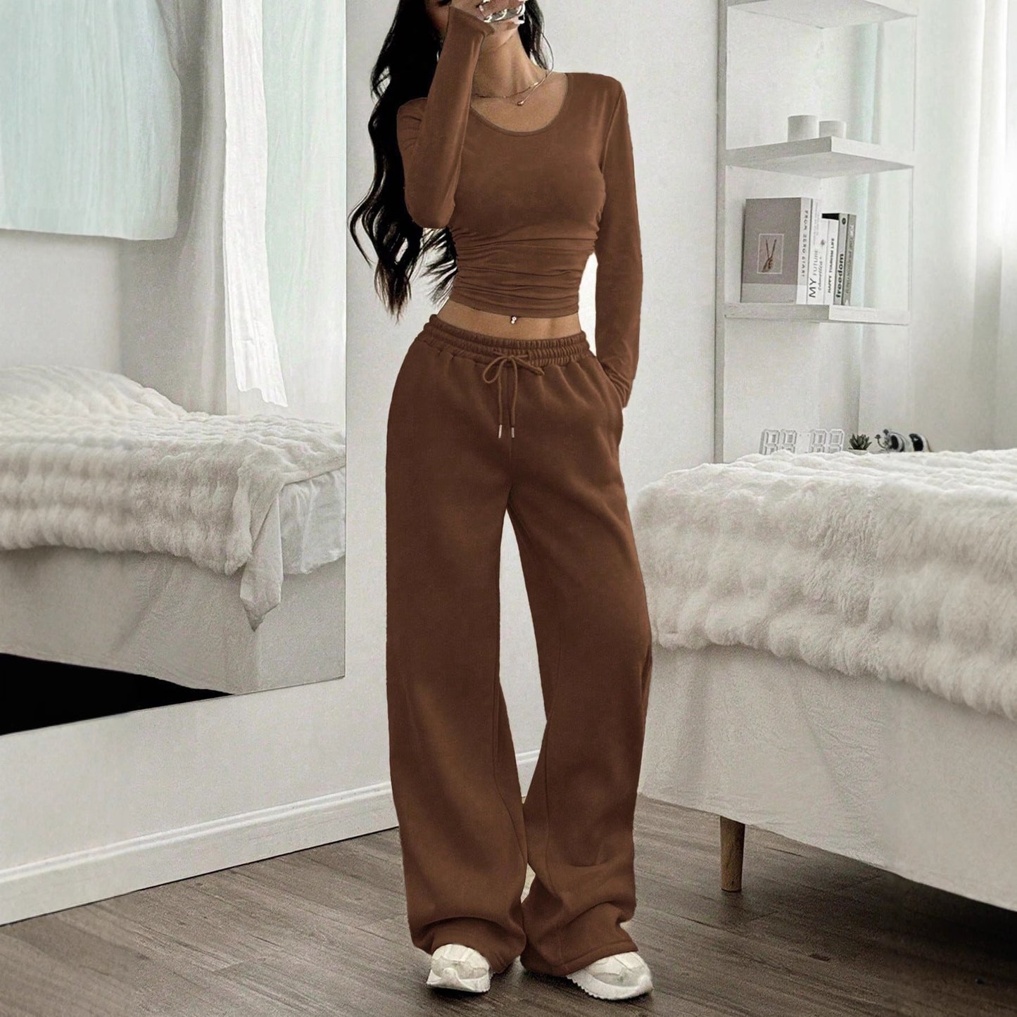 Women's Two Piece Long Sleeve Crop Top Wide Leg Pants Set