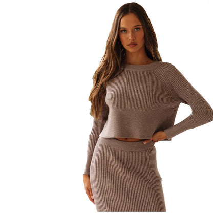 Ribbed Knit Crop Sweater Slit Maxi Skirt Two Piece Set