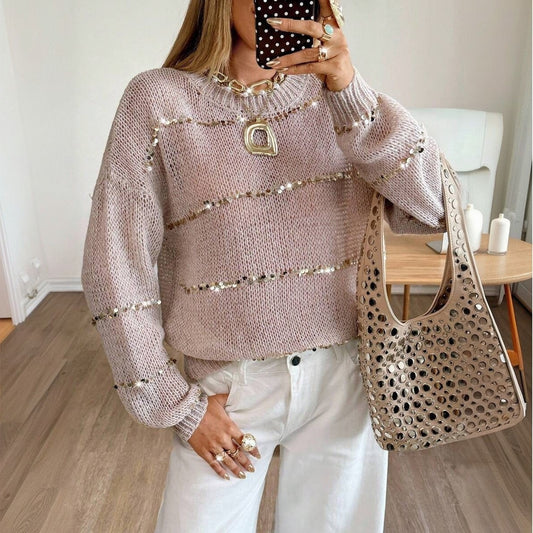 Women's Blush Sequin Crew Neck Oversized Fuzzy Sweater