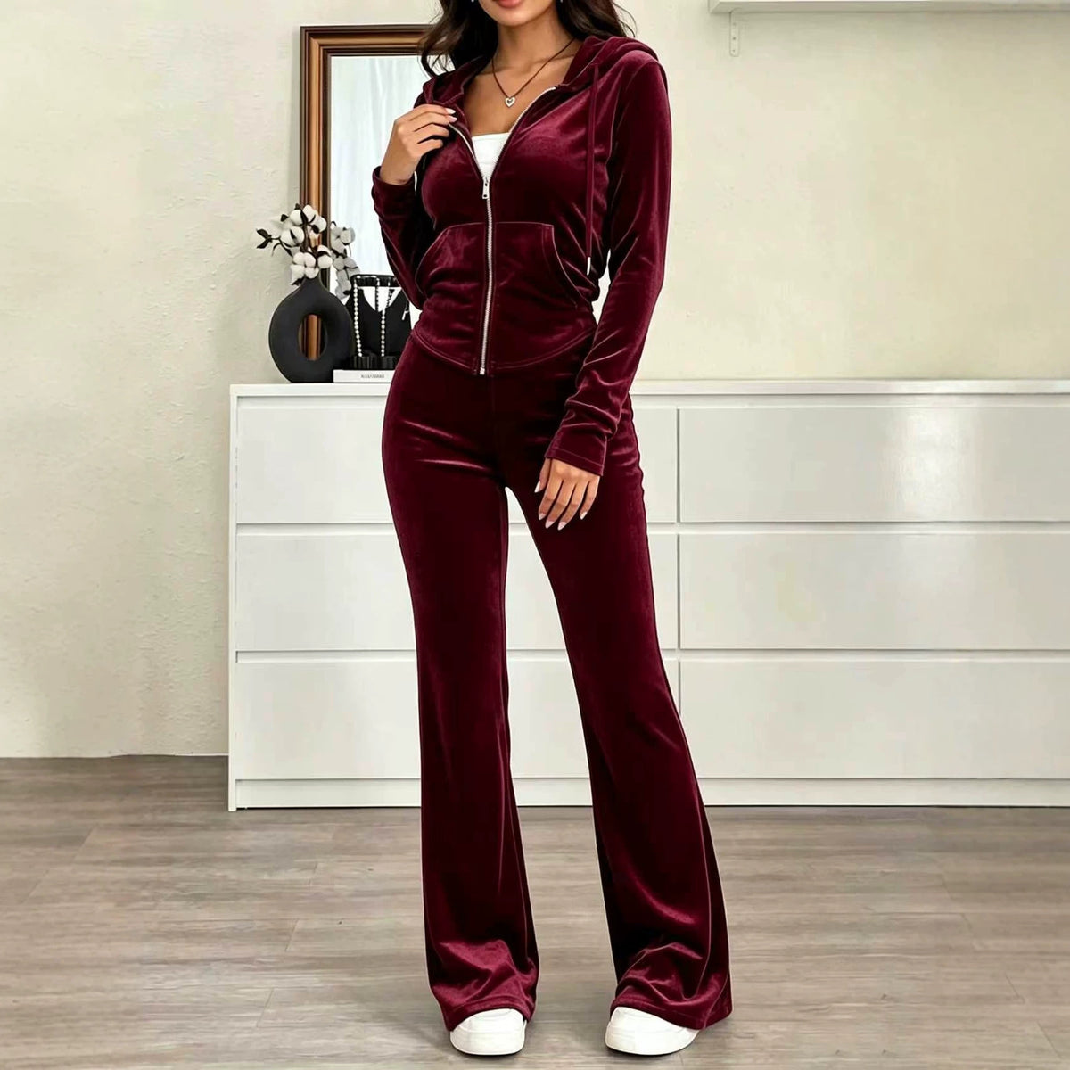 Women's Velvet Zip Hoodie Flare Pants 2pc Set
