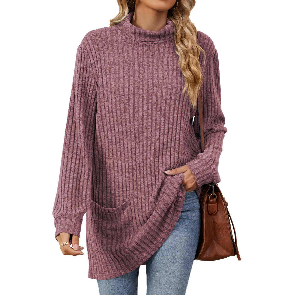 Women's Oversized Ribbed Mock Neck Tunic with Pockets