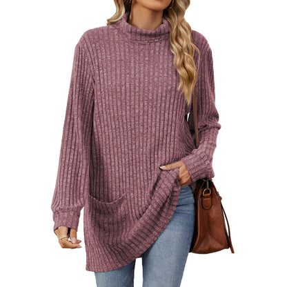 Women's Oversized Ribbed Mock Neck Tunic with Pockets