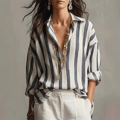 Women's Oversized Striped Collared Shirt Long Sleeve