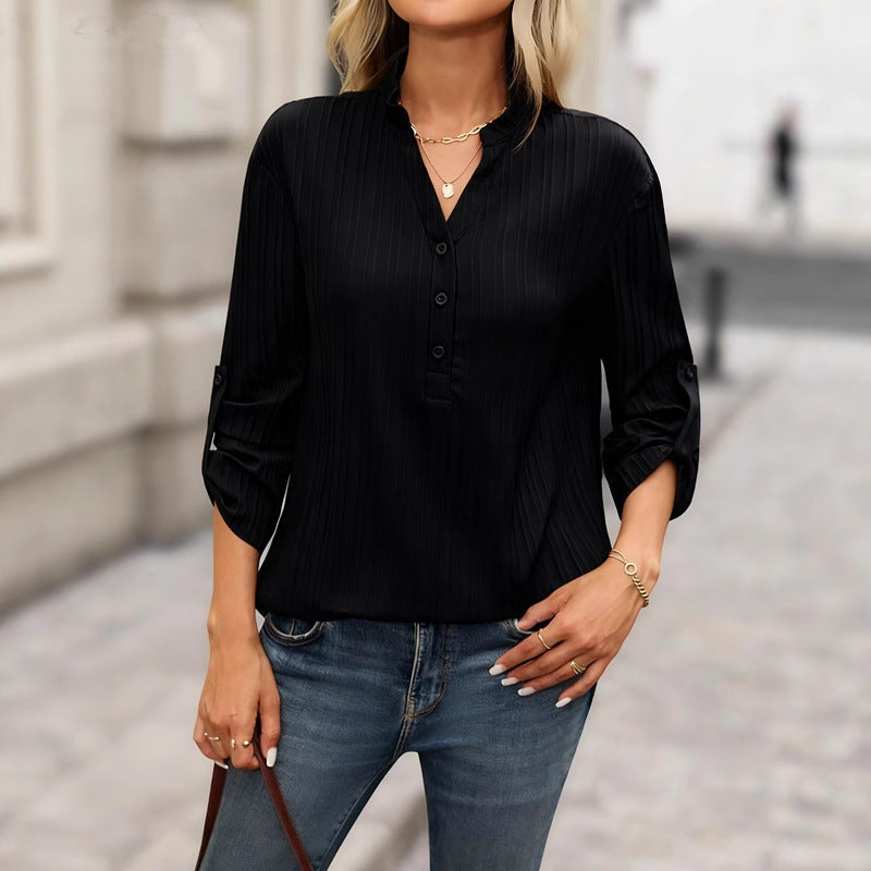 Women's Solid V-Neck Button Front Long Sleeve Blouse