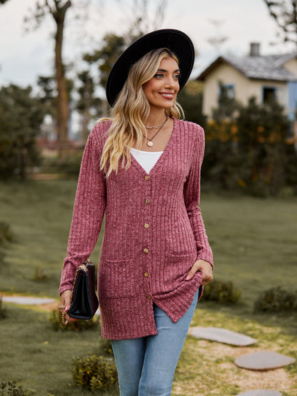 Ribbed Knit Cardigan Long Sleeve Button Pocket Sweater