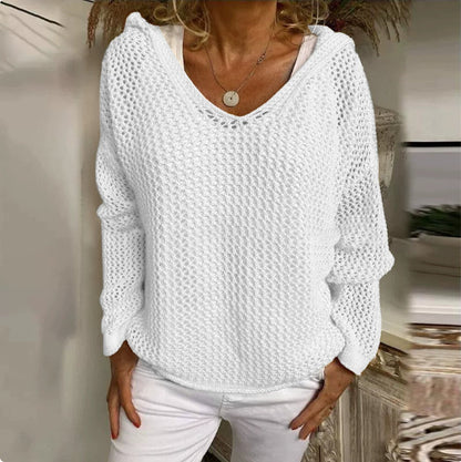 Oversized Hooded Open Knit Sweater V-Neck Pullover