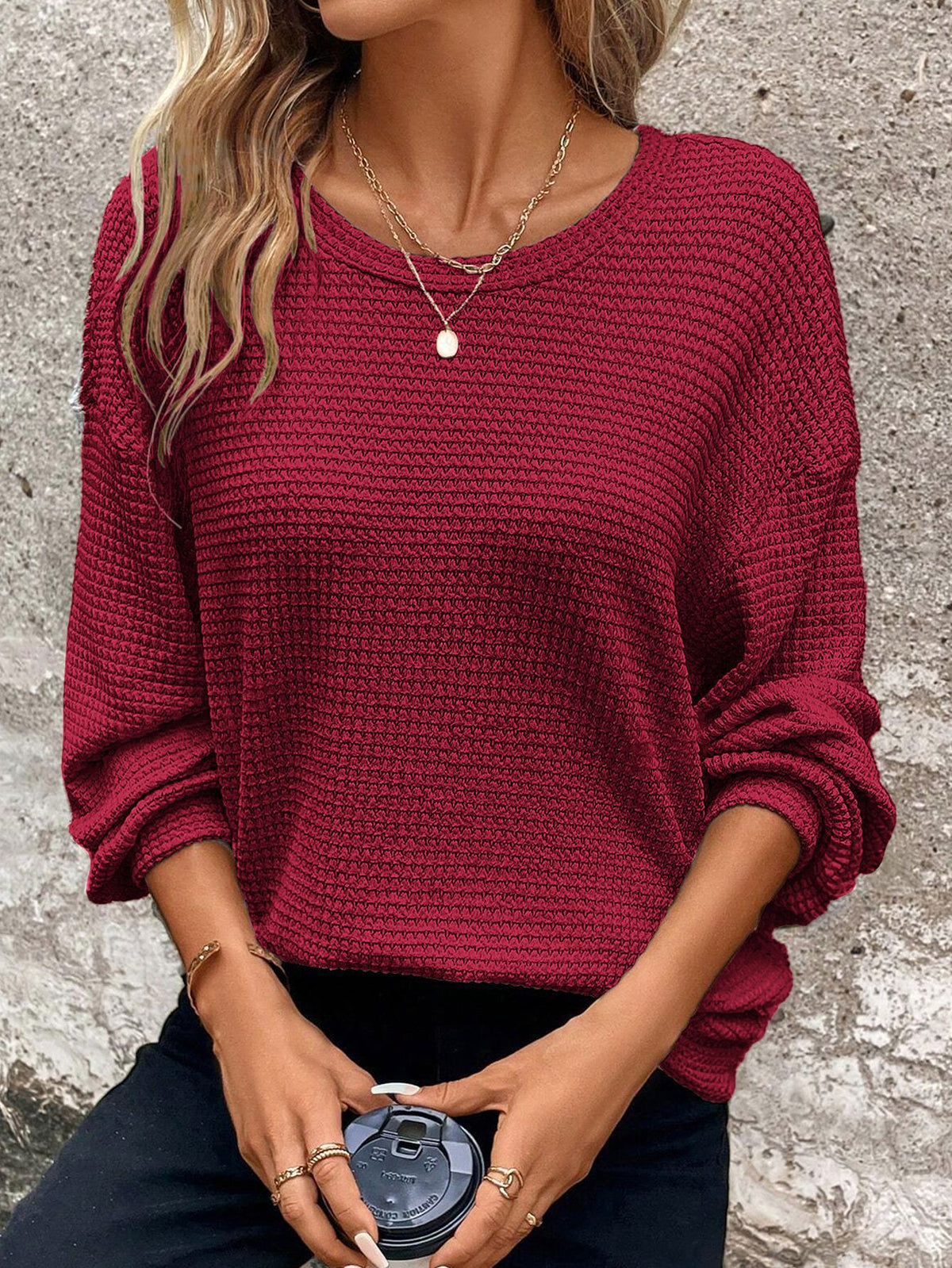Plus Size Waffle Knit Long Sleeve Pullover Top