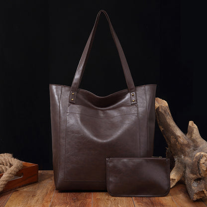 Vintage Soft Leather Tote Bag Set with Zip Pouch, Large Capacity