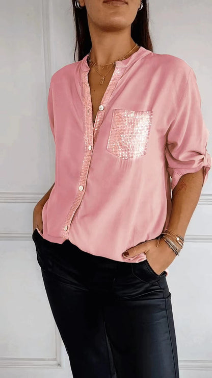 Women's Rhinestone 3/4 Sleeve Casual Button Down Blouse
