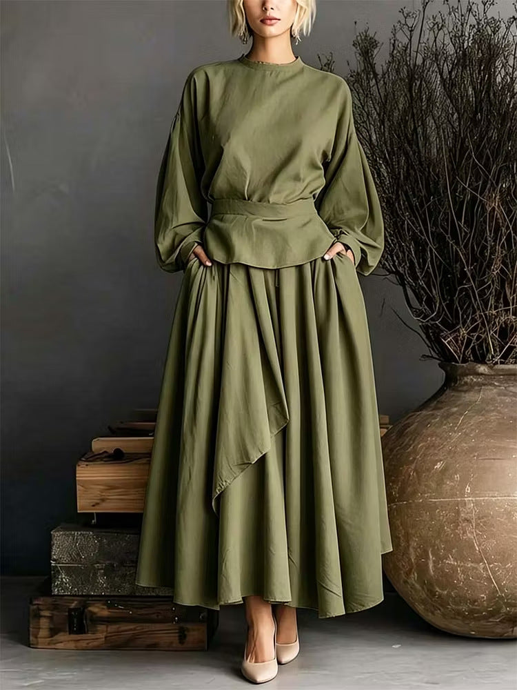 French Linen Cinched Waist Top & Maxi Skirt Set