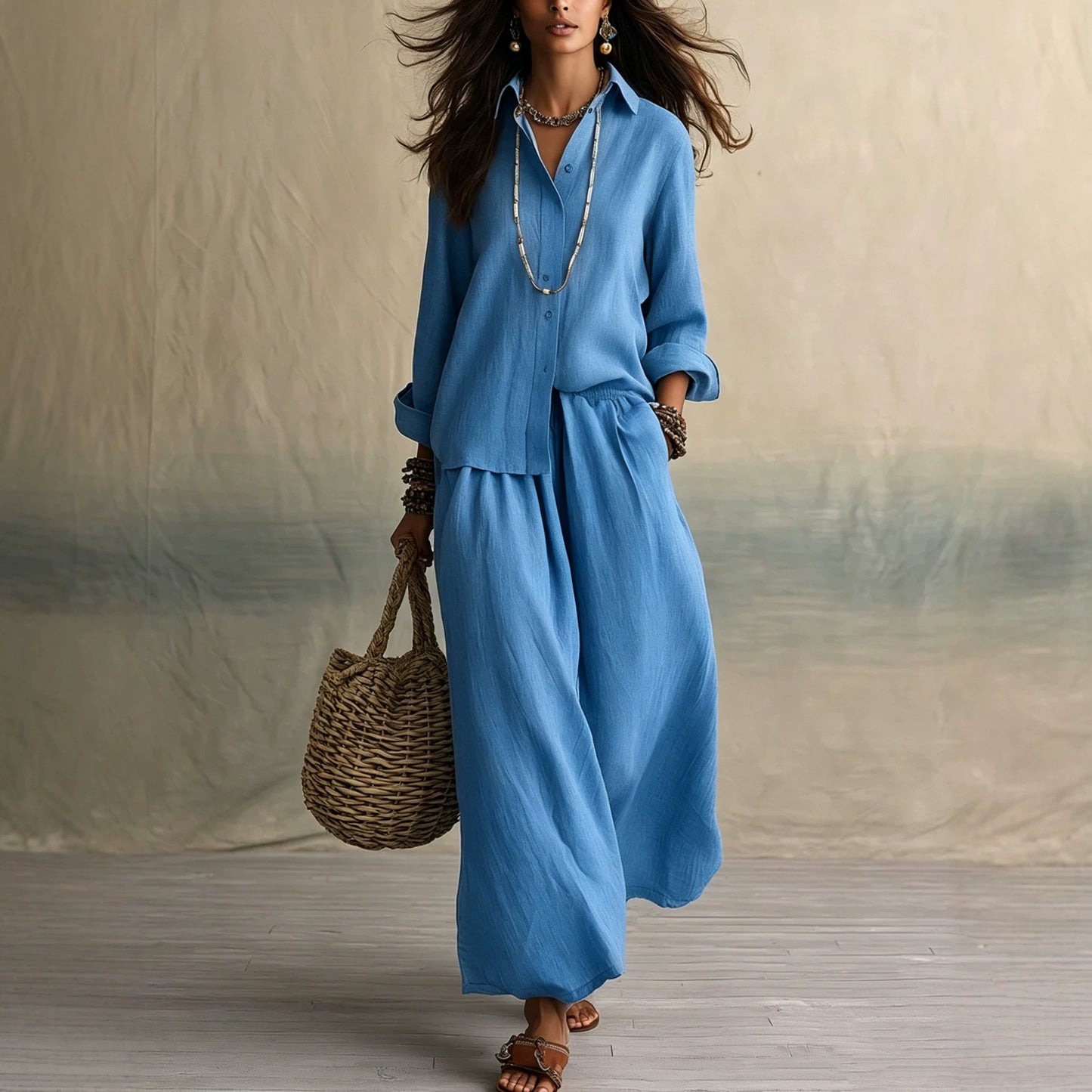 Women's Linen Blend Shirt & Wide Leg Pants Matching Set