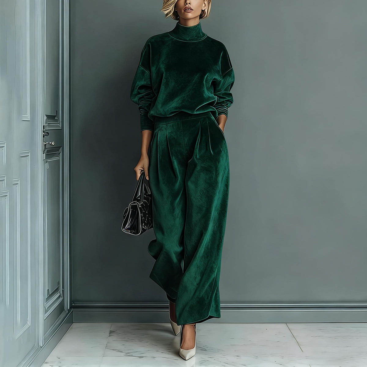Women's Velvet Mock Neck Wide Leg Pants Two Piece Set