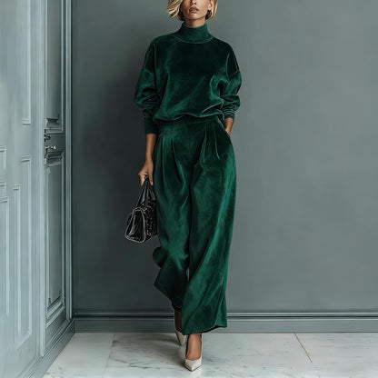 Women's Velvet Mock Neck Wide Leg Pants Two Piece Set