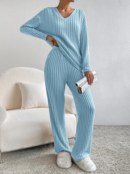Women's Ribbed Knit V Neck Lounge Set Straight Leg Pants