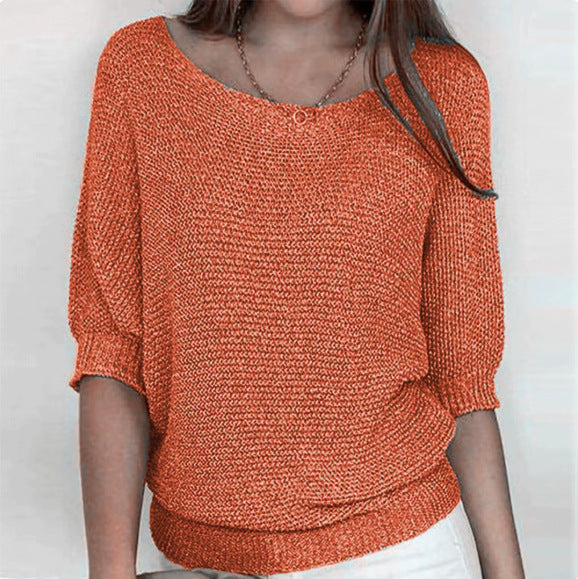 Women's Oversized Crew Neck Knit Sweater 3/4 Sleeve