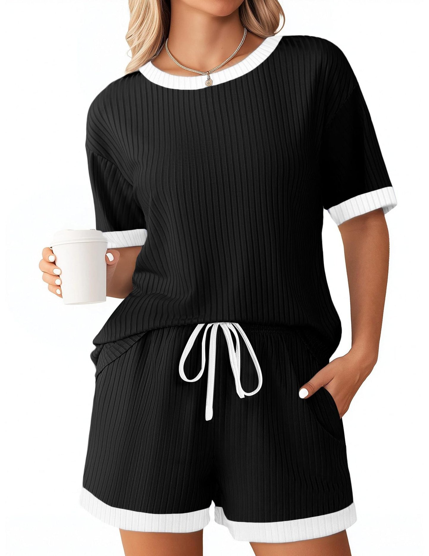 Ribbed Colorblock Lounge Shorts Set Summer Pajama