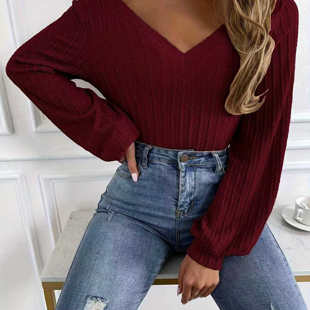 Women's Ribbed V Neck Puff Sleeve Long Sleeve Top