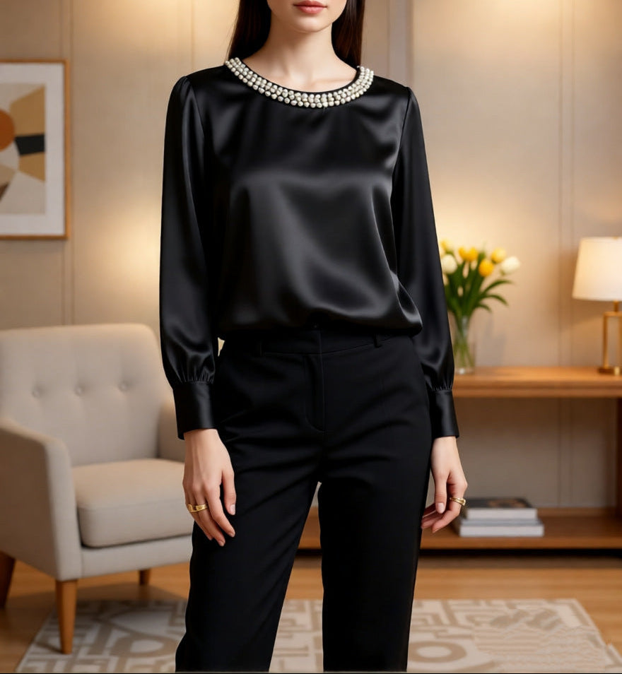 Elegant Satin Pearl Neck Blouse Long Sleeve Top