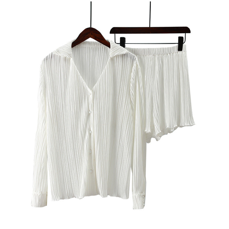 Pleated Long Sleeve Shirt & Shorts Two Piece Set