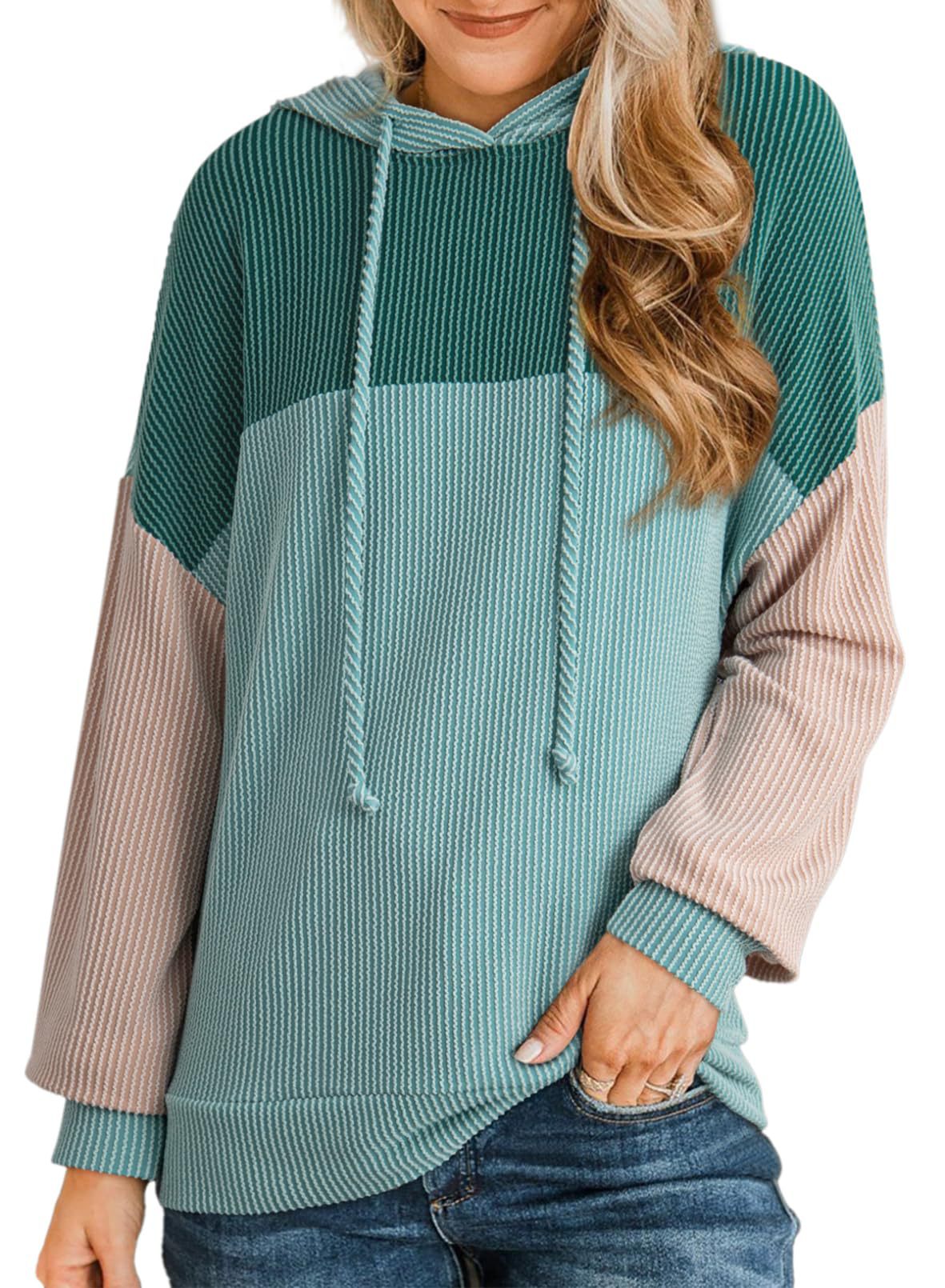 Color Block Ribbed Knit Hoodie Long Sleeve Sweatshirt