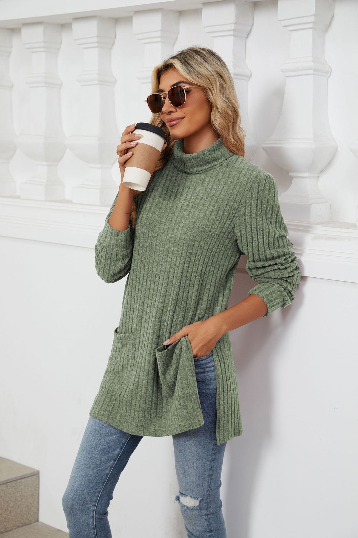Women's Ribbed Mock Neck Long Sleeve Tunic with Pockets