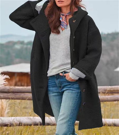 Hooded Wool Blend Coat Long Sleeve Casual Outerwear