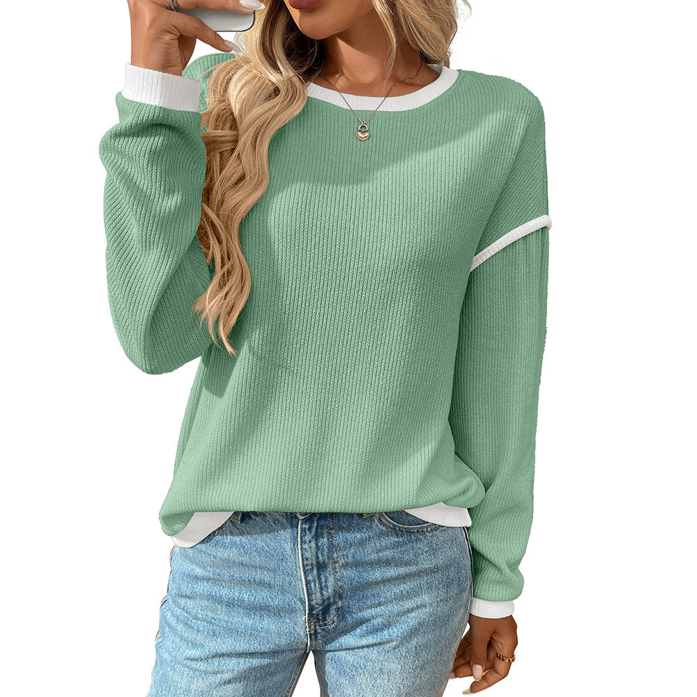 Contrast Trim Long Sleeve Waffle Knit Pullover