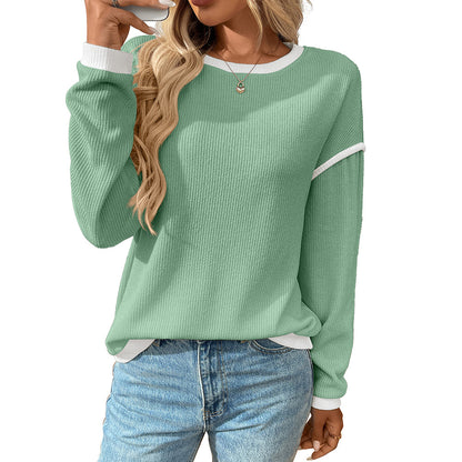 Contrast Trim Long Sleeve Waffle Knit Pullover
