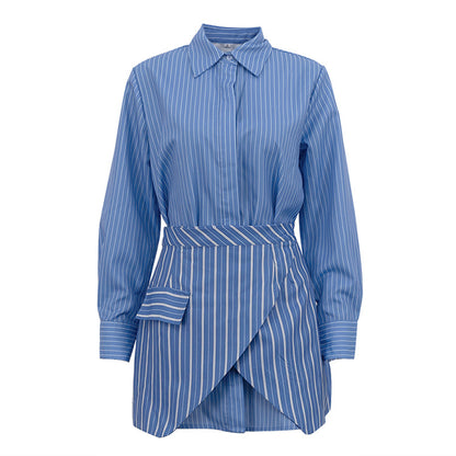 Blue Striped Button Down Shirt and Mini Skirt Set