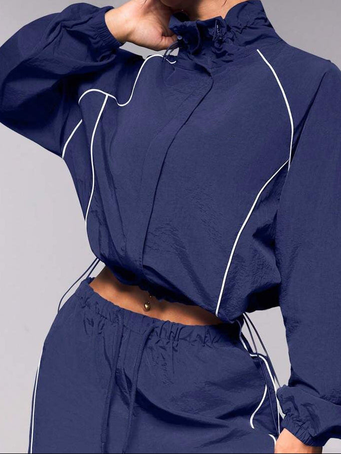 Women's Contrast Drawstring Two Piece Wide Leg Pants Set