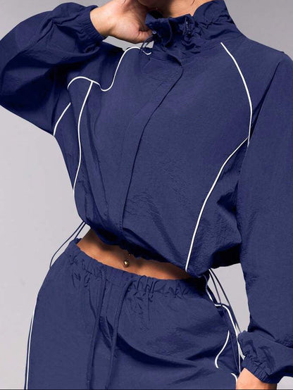 Women's Contrast Drawstring Two Piece Wide Leg Pants Set