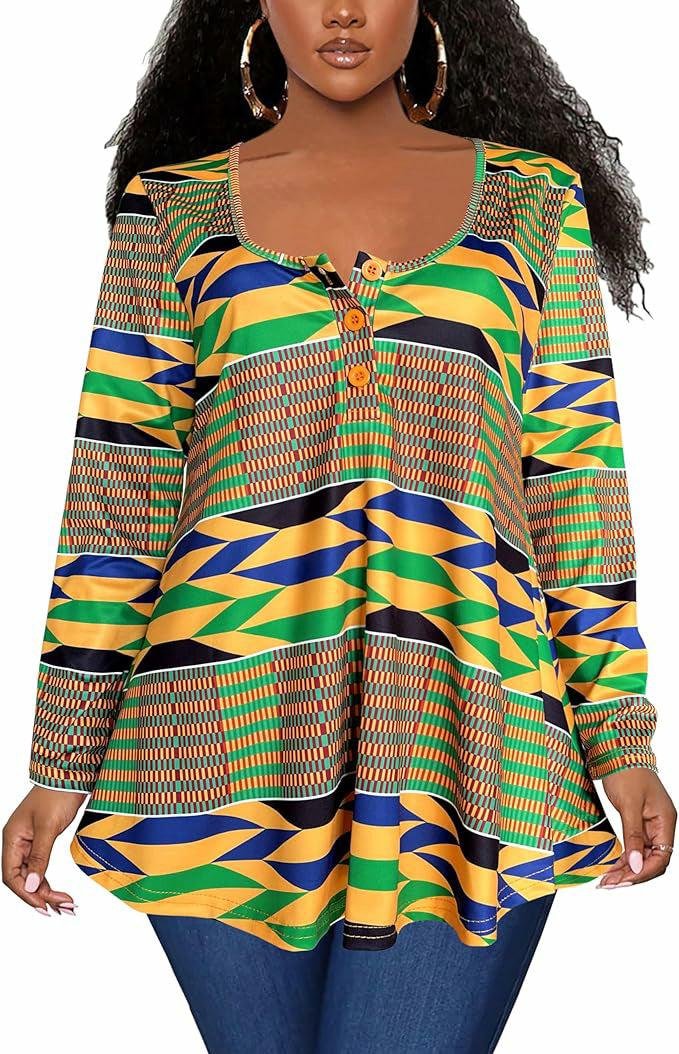 Plus Size African Print Long Sleeve Henley Tunic Top