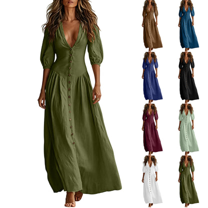 Cotton Button Down Maxi Dress Puff Sleeve V Neck Summer