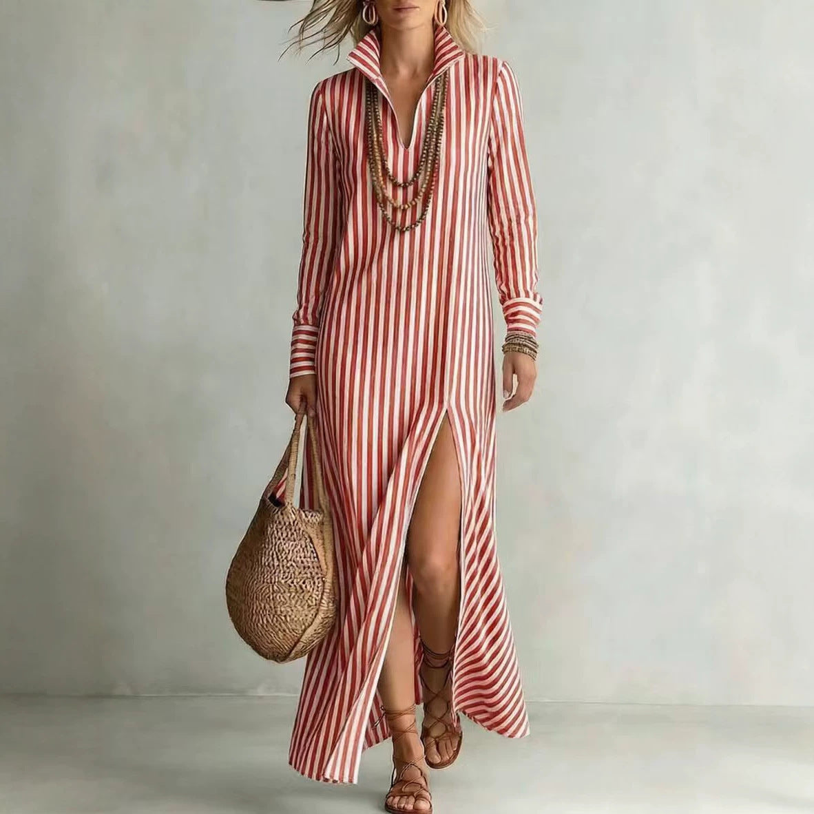 Women's Striped Collared Maxi Dress Long Sleeve Side Slit