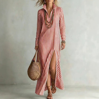 Women's Striped Collared Maxi Dress Long Sleeve Side Slit