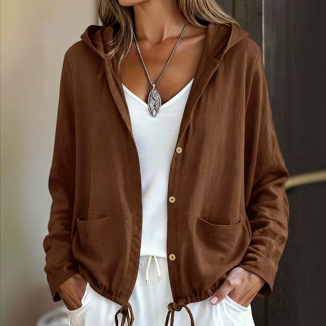 Women's Hooded Jacket Button Front Pockets Drawstring