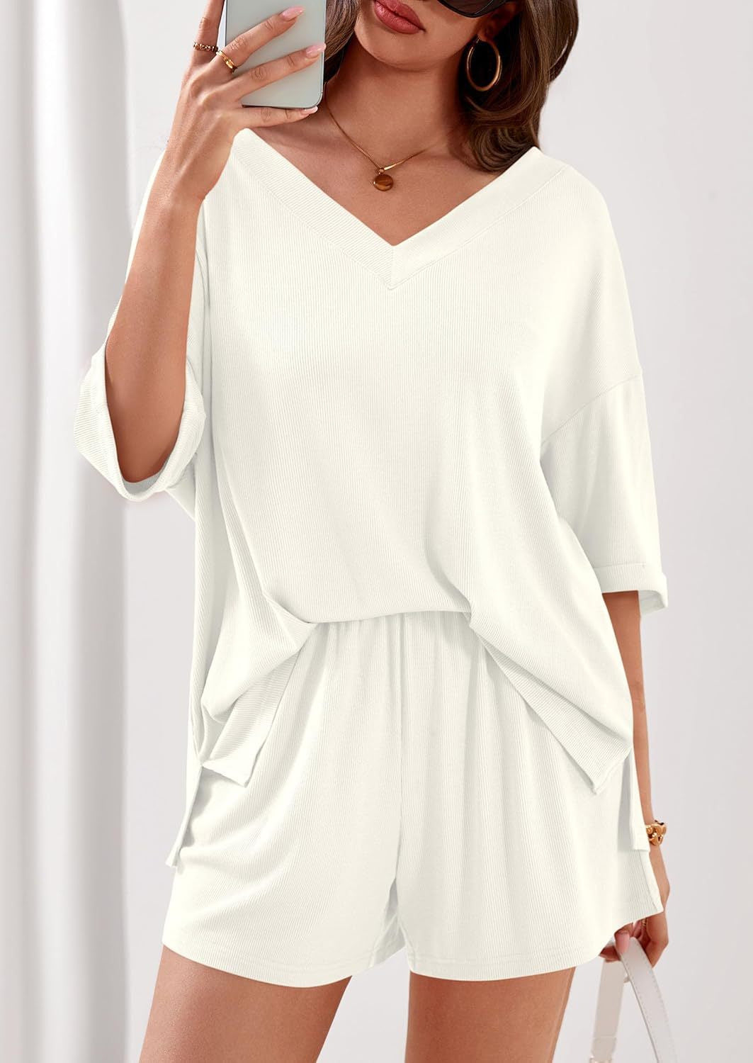 Ribbed V Neck Lounge Set Oversized Top Shorts Set