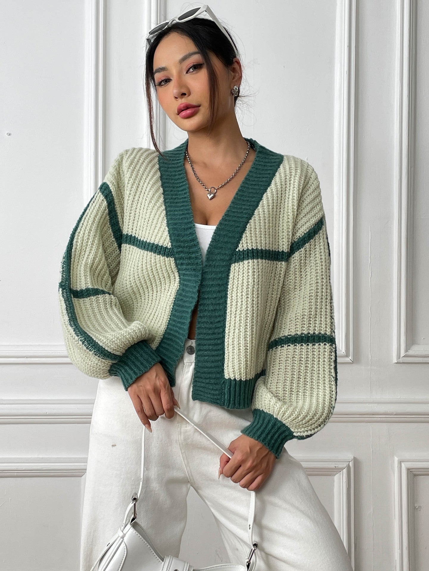 Color Block Cardigan Sweater with Loose Fit for Fall