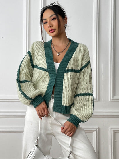 Color Block Cardigan Sweater with Loose Fit for Fall