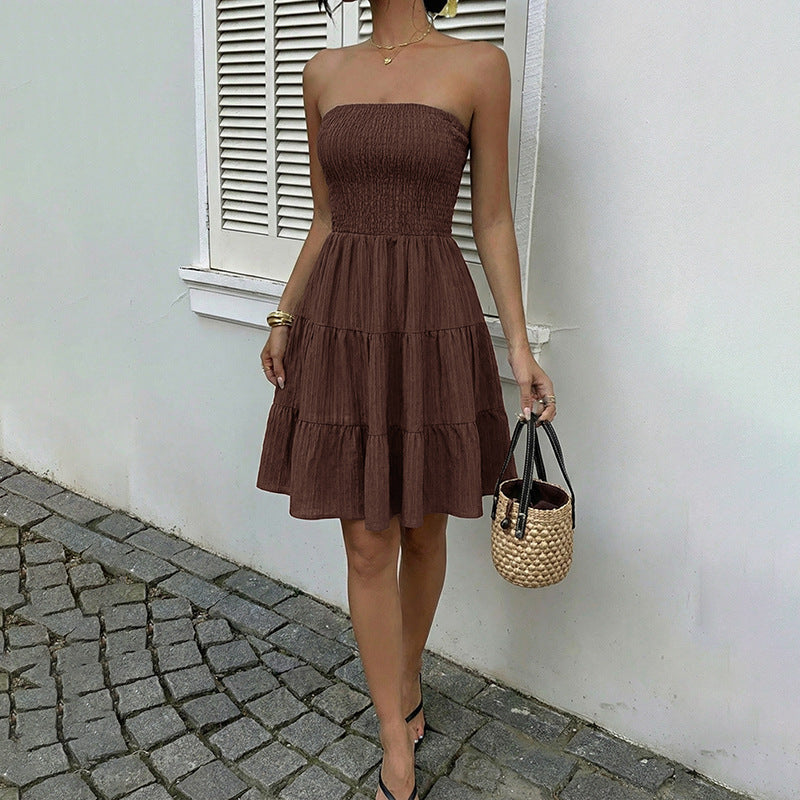 Summer Strapless Smocked Dress Off-Shoulder A-Line Casual